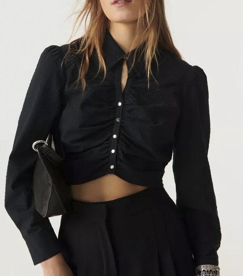 BA&SH Kari Black Ruched Cropped Button Front Top Blouse XS NWT